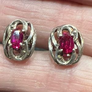 Gold and magenta stone stud earrings